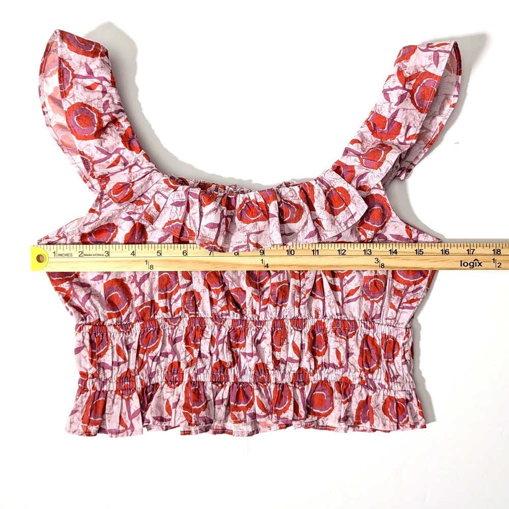 Saylor Pink Floral Crop Top 100% Cotton Ruffle Smocked Siana Set Top Sz S - Picture 9 of 11